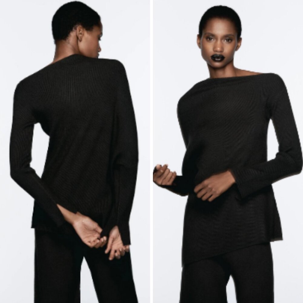 Zara Black Asymmetric Knit Ribbed Long Sweater Size S New - Picture 1 of 8